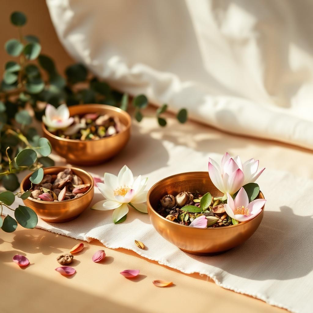 Brass bowls with herbs and lotus flowers in soft light