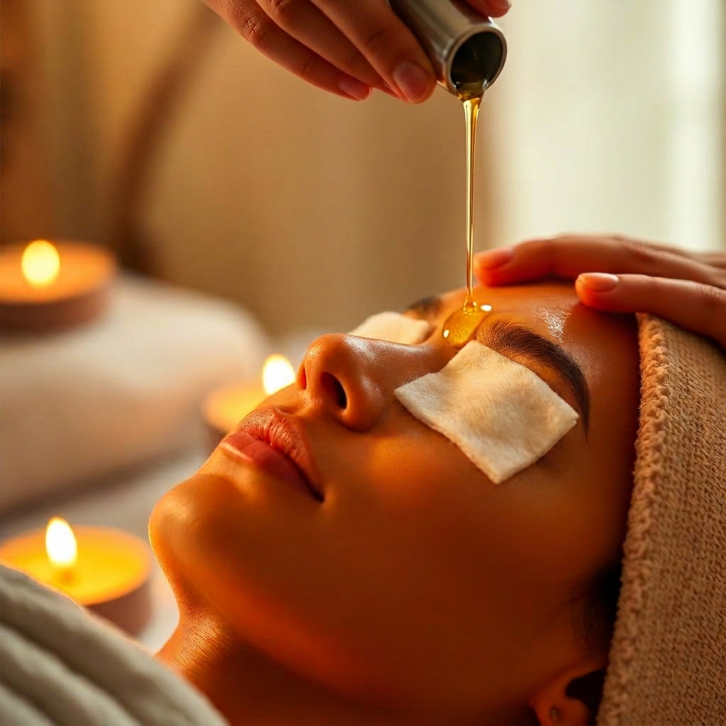 Shirodhara warm oil therapy in candlelight